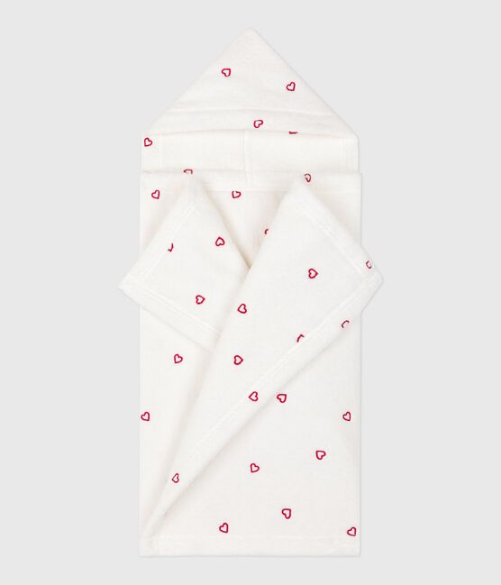 Badcape met geborduurde hartjes in badstof voor baby’s wit MARSHMALLOW/roze CHARME