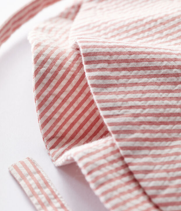 Capeline en seersucker ray&eacute; b&eacute;b&eacute;. rose/blanc