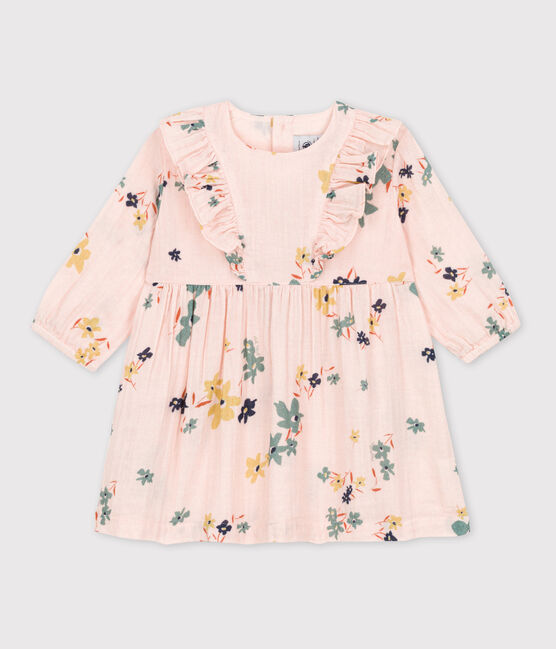 Jurk met lange mouwen met print van gaas van katoen voor baby's roze SALINE/wit MULTICO