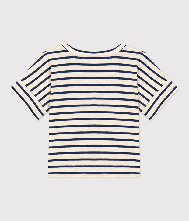 Katoenen T-shirt met korte mouwen voor meisjes ecru/blauw