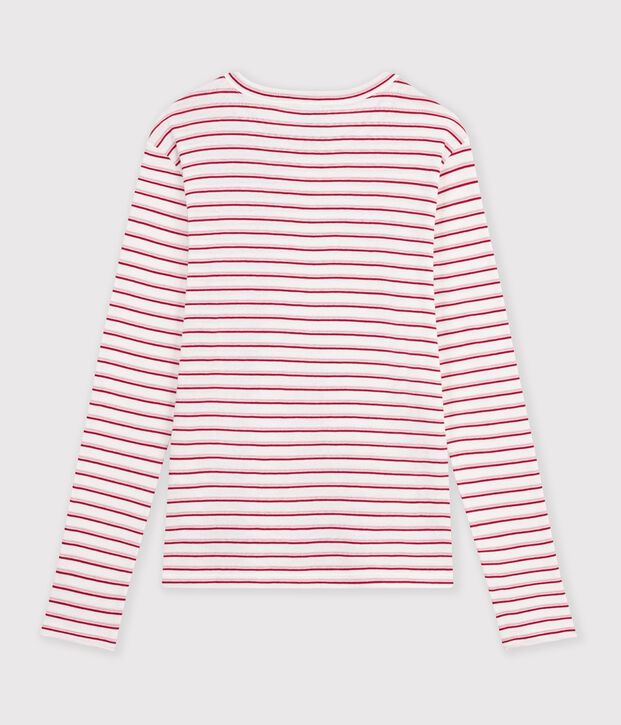 Gestreept katoenen T-shirt met lange mouwen voor dames wit/rood