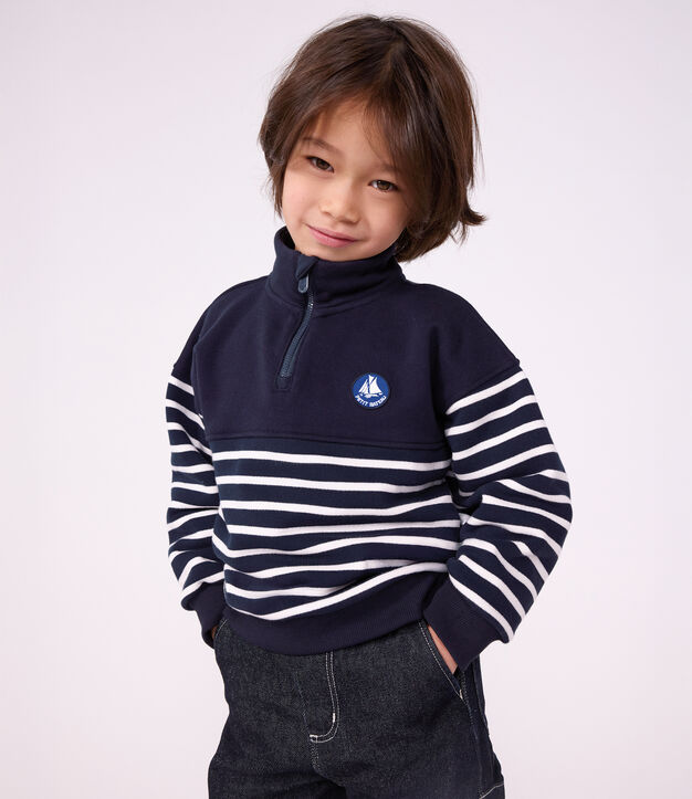 Katoenen sweatshirt met strepen en schipperskraag voor kinderen blauw/wit