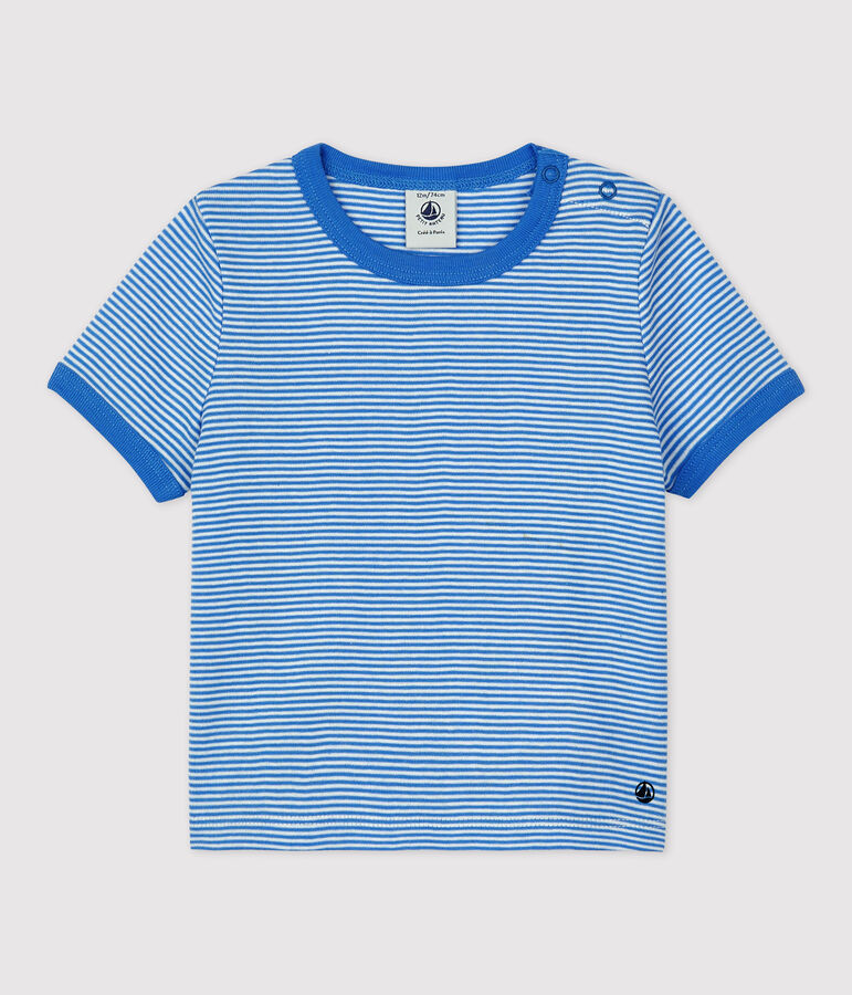 T-shirt van biokatoen met korte mouwen en milleraies-streepjes voor baby's. blauw/wit