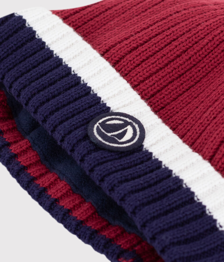 Gebreide babymuts met fleecevoering rood/multicouleur