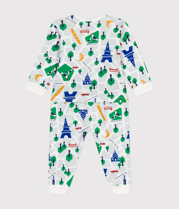 Katoenen babypyjama zonder voetjes met Parijsprint wit/blauw
