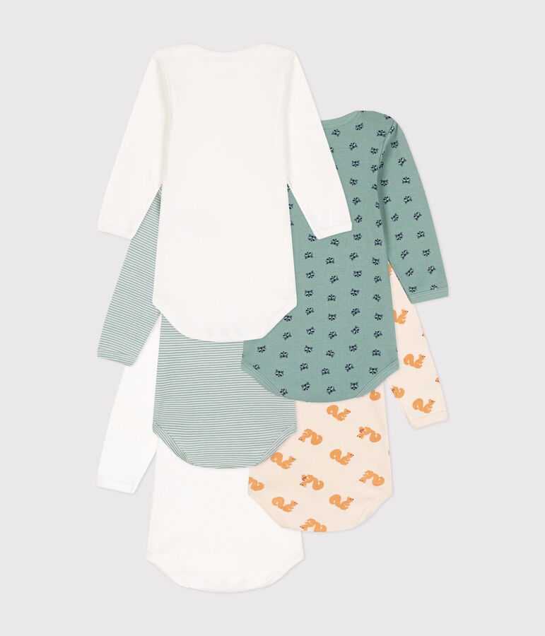 Setje met 5 katoenen body's met lange mouw en wasbeerprint voor baby's multicouleur