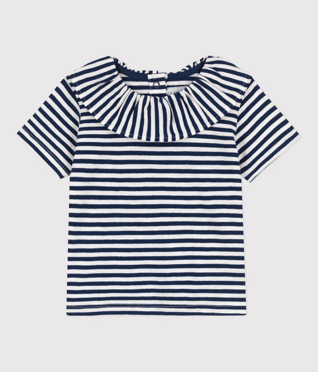 Gevlamde en gestreepte blouse met korte mouwen in jersey voor baby's blauw/wit