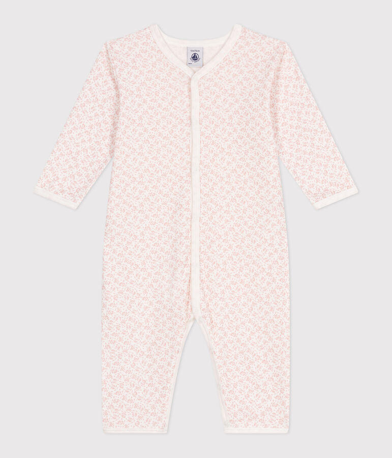 Katoenen babypyjama zonder voetjes met bloemenprint wit/roze