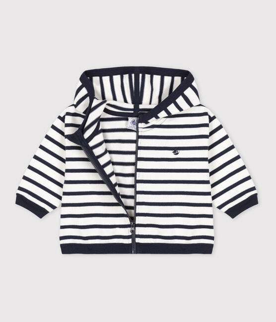 Sweatshirt à capuche bébé rayé marinière en jesey épais blanc MARSHMALLOW/bleu SMOKING