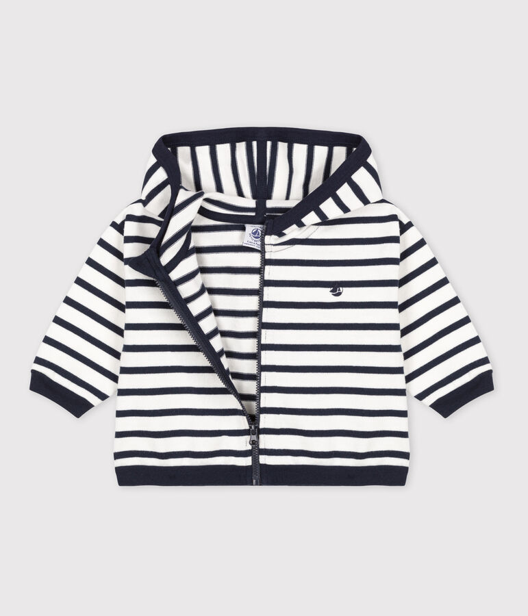 Sweatshirt &agrave; capuche b&eacute;b&eacute; ray&eacute; marini&egrave;re en jesey &eacute;pais blanc/bleu