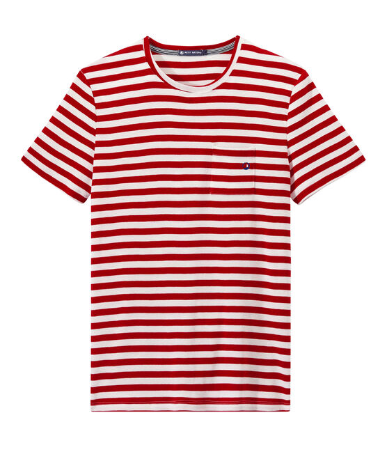Heren-T-shirt met tweekleurige streepjes rood TERKUIT/wit MARSHMALLOW