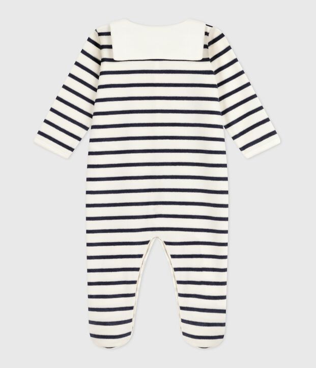 Fluwelen babypyjama met streepjesprint wit/blauw