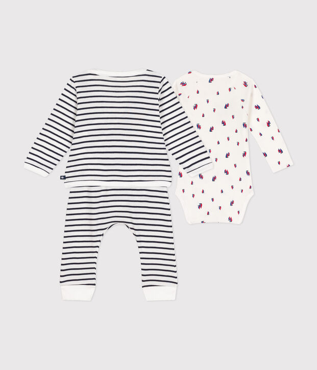 Ensemble 3 pi&egrave;ces en coton b&eacute;b&eacute; blanc/bleu