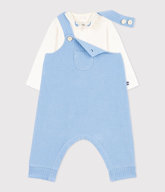 Effen katoenen babysetje met salopette/rompertje, verfraaid met geborduurde details blauw FLO/ MILK