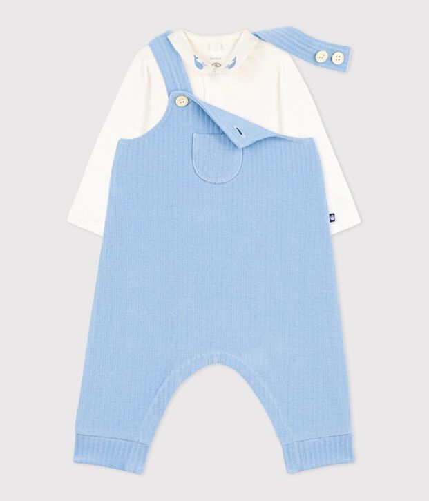 Effen katoenen babysetje met salopette/rompertje, verfraaid met geborduurde details blauw/ecru