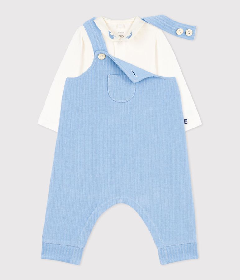Effen katoenen babysetje met salopette/rompertje, verfraaid met geborduurde details blauw/ecru