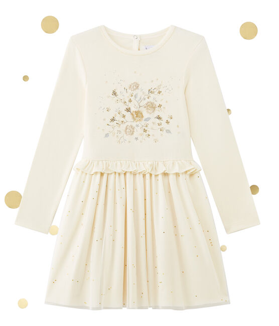 Glitterende meisjesjurk in twee stoffen beige COQUILLE