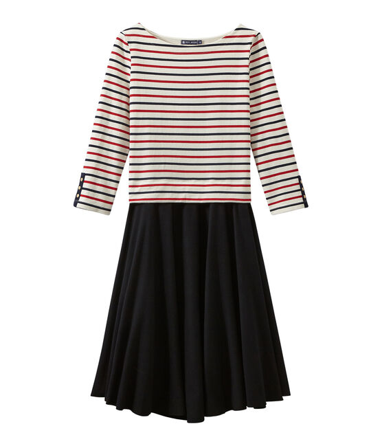 Damesjurk met trompe-l'oeileffect beige COQUILLE/blauw SMOKING/ TERKUIT
