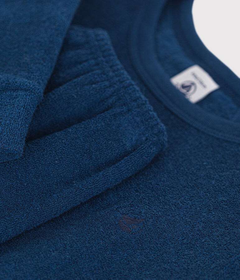 Effen kinderpyjama van geruwde boucl&eacute; badstof blauw