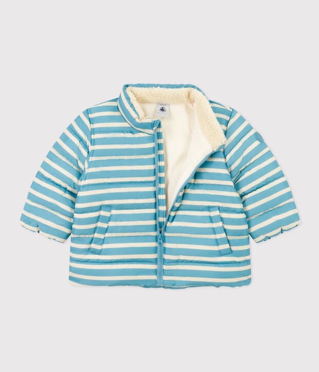 Gestreept babyjack met oprolbare capuchon blauw/ecru
