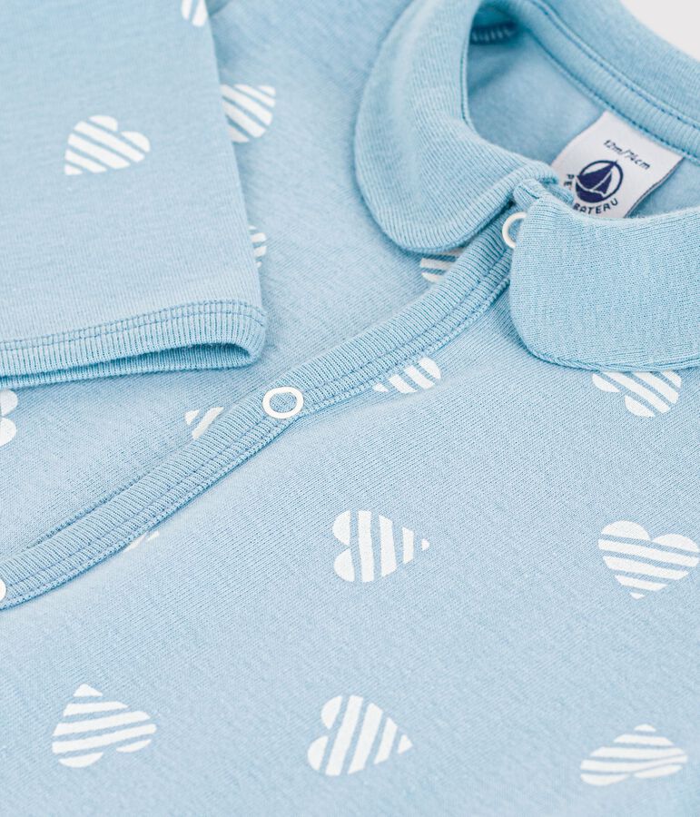 Katoenen babypyjama zonder voetjes met kraag en hartjesprint groen/wit