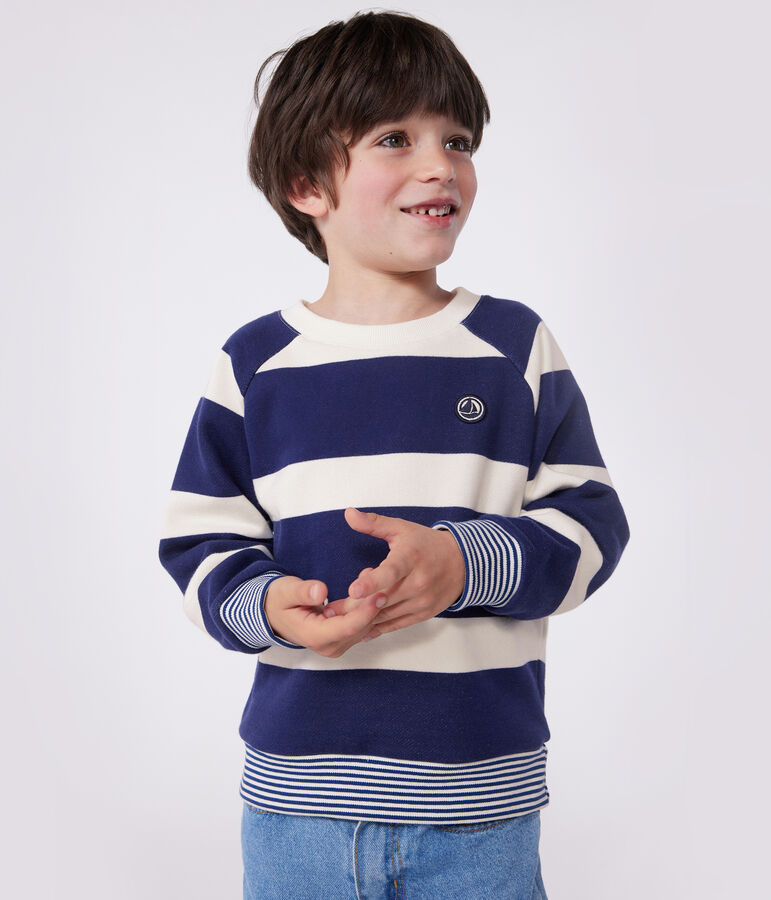 Sweatshirt enfant mixte en coton &agrave; rayures bleu/&eacute;cru