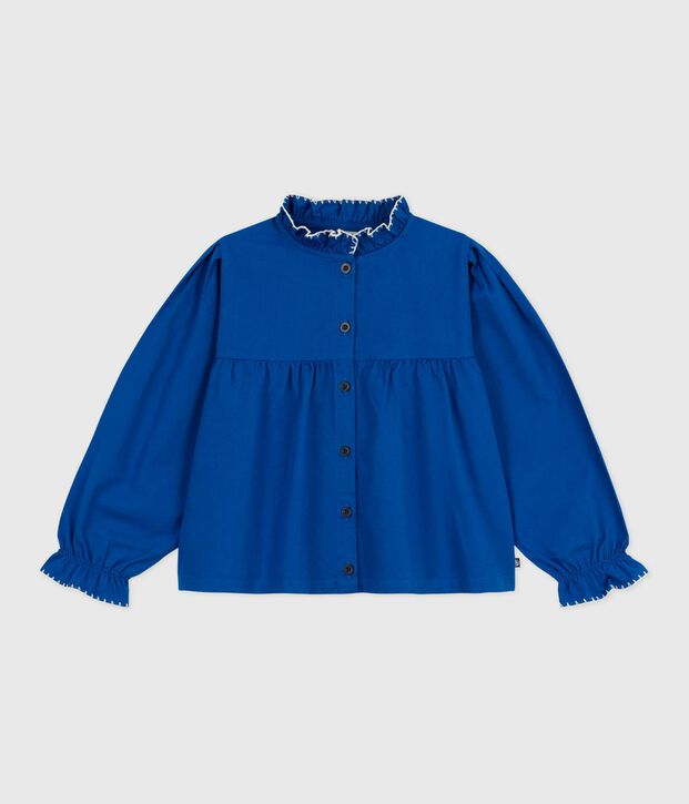 Effen kinderbloesje met lange mouwen van katoenen keperstof blauw