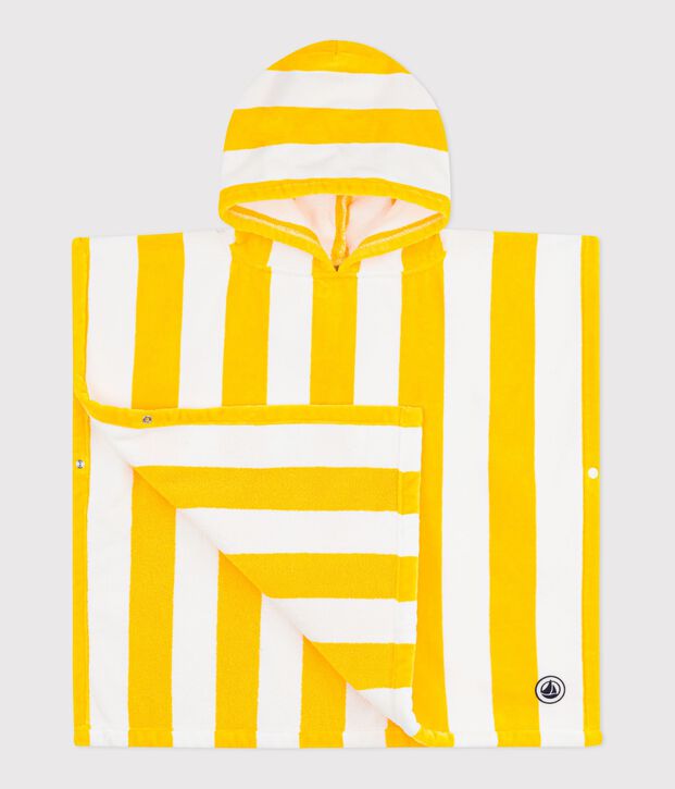 Poncho de bain enfant en coton &eacute;ponge &agrave; rayures jaune/blanc