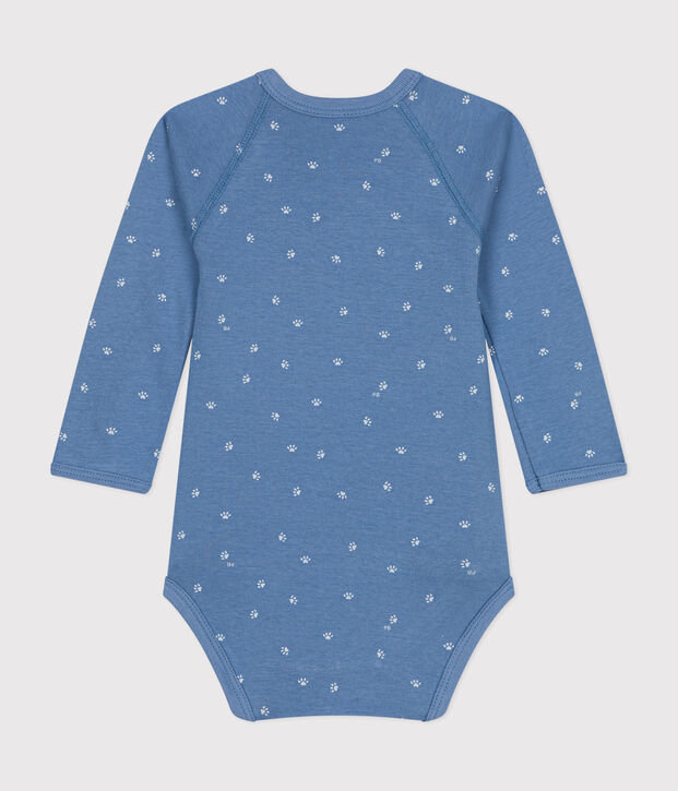 Katoenen overslagbody met lange mouwen voor baby's blauw/wit