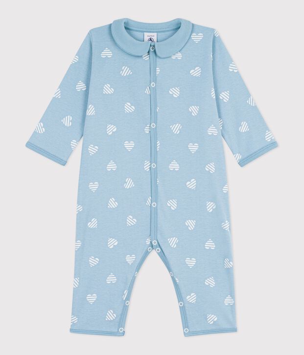 Katoenen babypyjama zonder voetjes met kraag en hartjesprint groen/wit