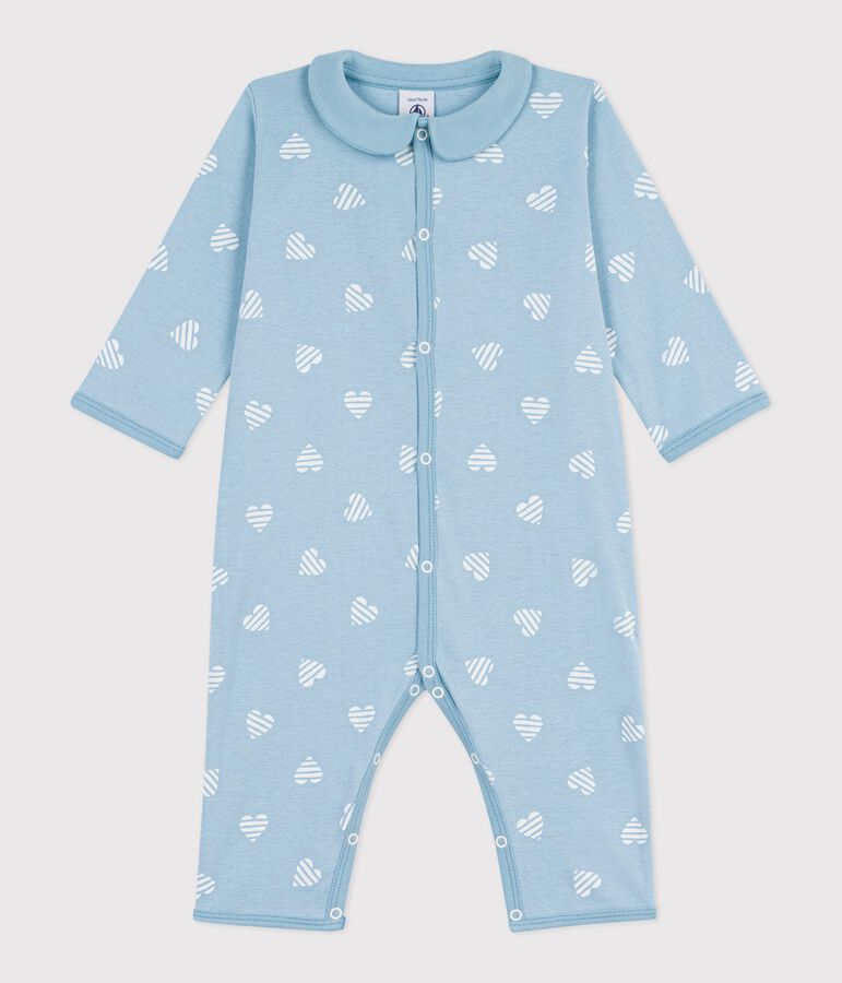 Katoenen babypyjama zonder voetjes met kraag en hartjesprint groen/wit