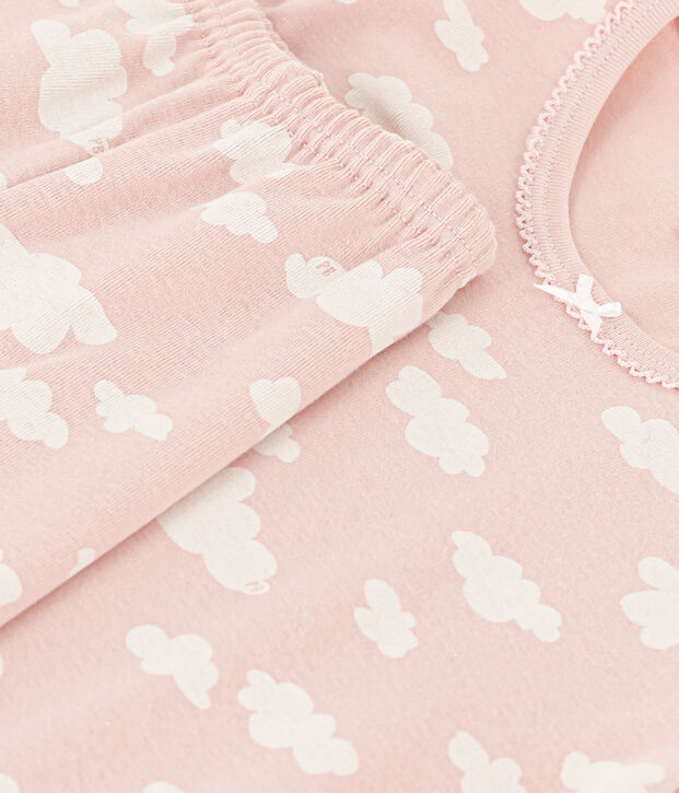 Korte meisjespyjama met wolken in fijn katoen roze/wit