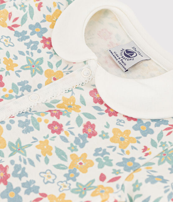 Korte playsuit met bloemen van katoen voor baby's wit MARSHMALLOW/wit MULTICO