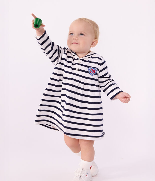 Robe b&eacute;b&eacute; en coton manches longues &agrave; rayures marini&egrave;re blanc/bleu