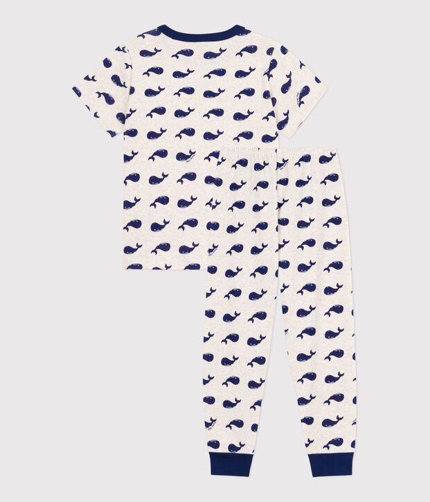 Pyjama enfant en coton manches courtes et jambes longues imprim&eacute; beige/bleu