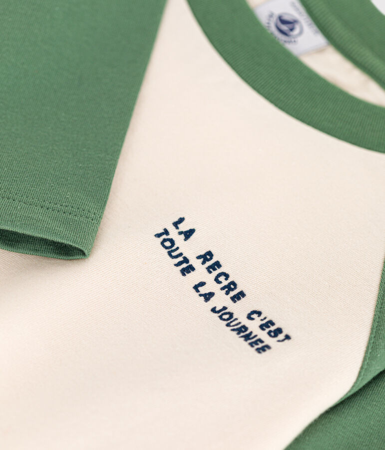 Tee-shirt manches longues en jersey fin enfant gar&ccedil;on &eacute;cru/vert