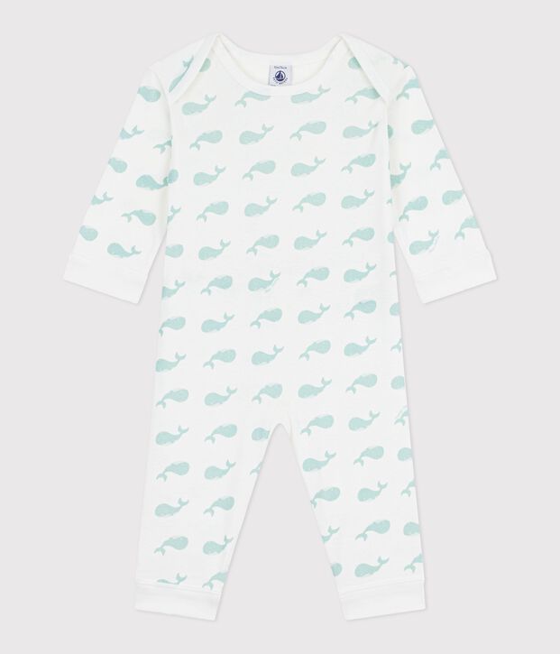 Katoenen babypyjama zonder voetjes met walvisprint wit/blauw