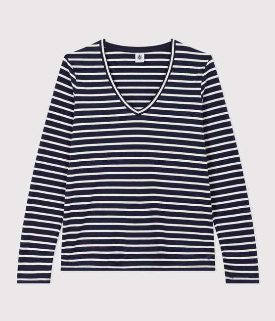 LE DROIT, katoenen T-shirt voor dames met V-hals blauw SMOKING/wit MARSHMALLOW