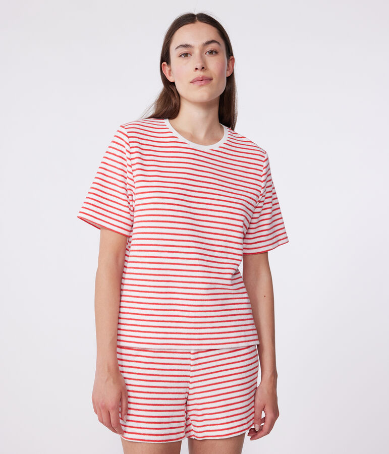 Katoenen korte damespyjama met strepen wit/rood