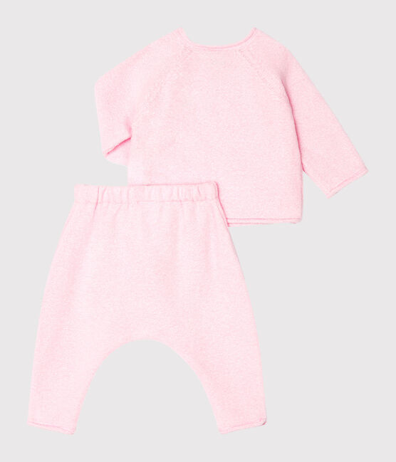 Ensemble deux pièces bébé en coton, laine mérinos et polyester rose FLEUR