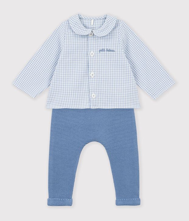 Katoenen babysetje met borduursel op de borst en vichyprint multicouleur