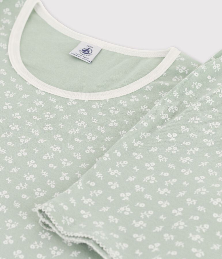 Pyjacourt fleurs fille en coton vert/blanc