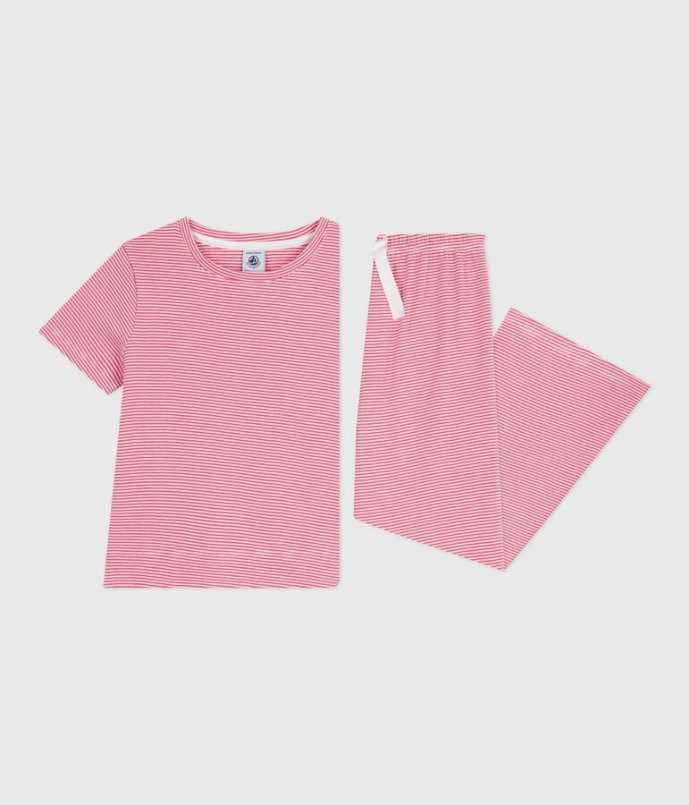 Pyjama enfant en coton manches courtes jambes larges &agrave; rayures rose/blanc