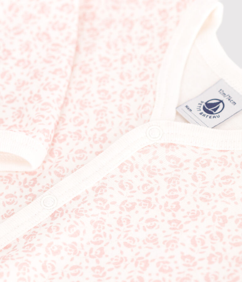 Katoenen babypyjama zonder voetjes met bloemenprint wit/roze