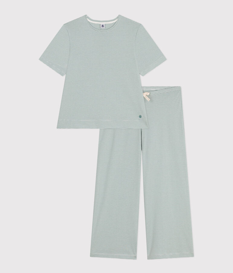 Pyjama milleraies en coton femme vert/blanc
