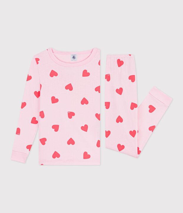 Nauw aansluitende katoenen kinderpyjama met hartjesprint roze/oranje