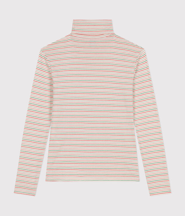 L'ICONIQUE, dames-T-shirt met rolkraag in katoen ecru/multicouleur