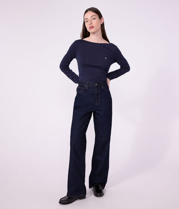 Tee-shirt femme col amiral en coton manches longues bleu marine