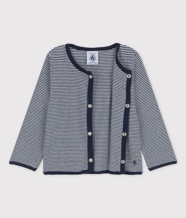 Cardigan ray&eacute; milleraies en coton bio b&eacute;b&eacute; bleu/blanc