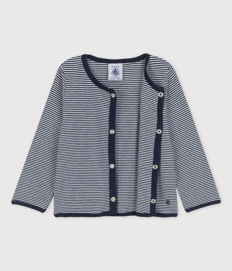 Cardigan ray&eacute; milleraies en coton bio b&eacute;b&eacute; bleu SMOKING/blanc MARSHMALLOW